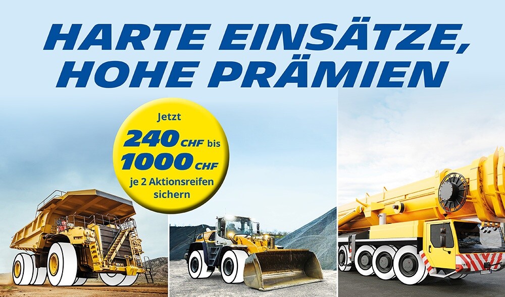 Harte Einsätze, hohe Prämie. Die neue MICHELIN Reifen-Aktion für Erdbewegungsmaschinen und Kräne.
