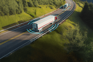 Illustration of connected commercial trucks using advanced tire and fleet technologies to monitor vehicle performance, improve safety, optimize operations, and enhance fleet visibility through real-time data and connectivity.