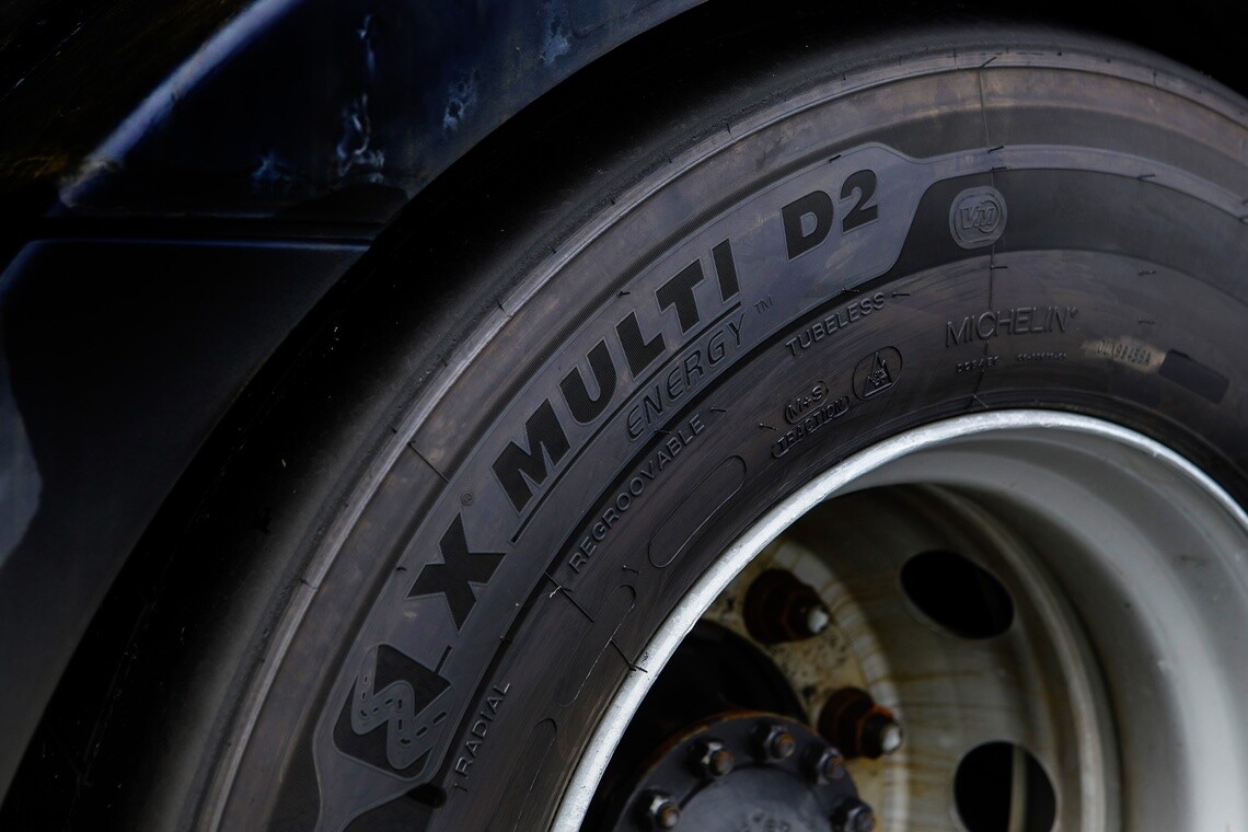 Close-up of a Michelin X® Multi™ tire mounted on a truck wheel.