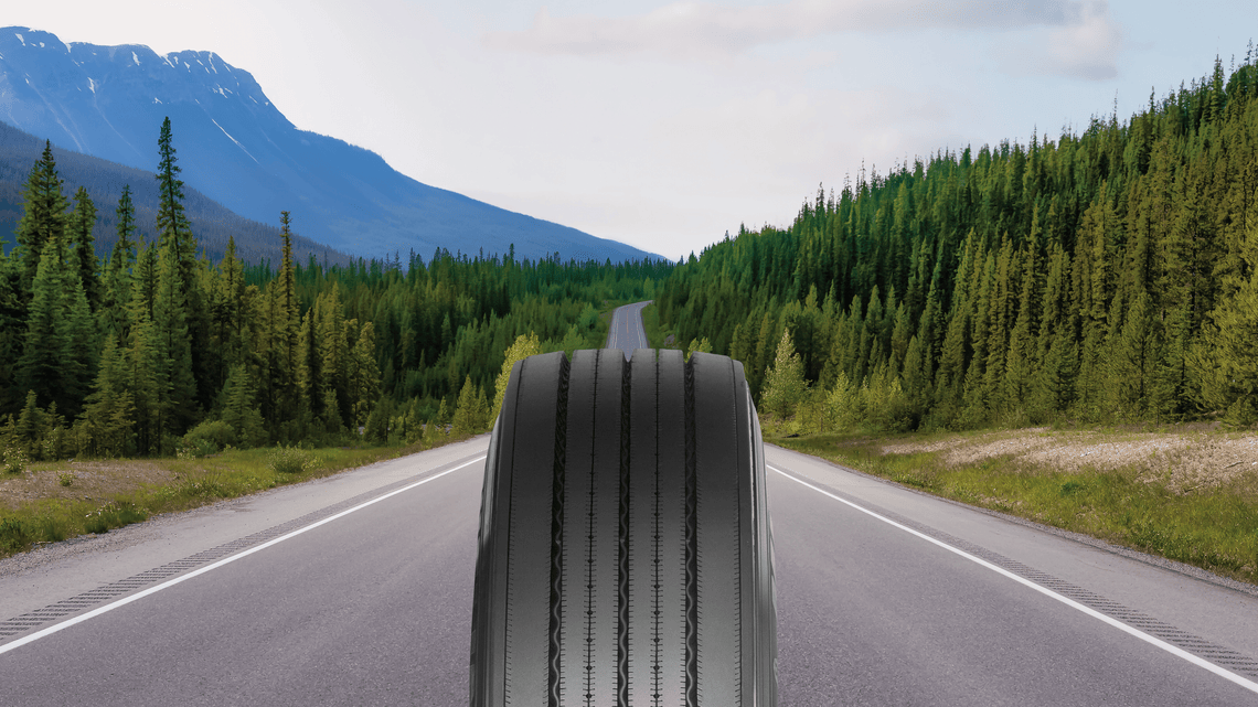 Commercial truck tire on a highway surrounded by mountains and forest