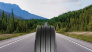 Commercial truck tire on a highway surrounded by mountains and forest