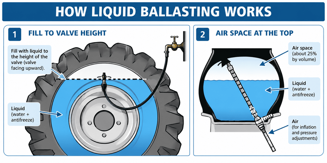 Two-part diagram showing an agricultural tire filled with liquid ballast to valve height, with approximately 25% air space remaining for inflation and pressure adjustments.