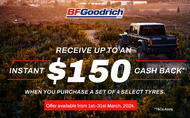 4X4 car fitted with BFGoodrich tyres into the bush, up to $150 cashback when buying 4 or more selected tyres