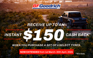 4X4 car fitted with BFGoodrich tyres into the bush on the left hand side , BFGoodrich KO2 tyres in the middle and up to $150 cashback when buying 4 or more selected tyres