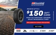 KO3 trace on sand at the beach on the left hand side and receive up to $150 gift card when your purchase a set of 4 BFGoodrich tyres in March and April