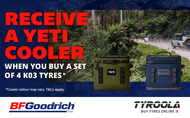 BFGoodrich Australia and Tyroola Promotion receive a yeti cooler when buying a set of 4 KO3 tyres, 4x4 cars fitted with KO3 tyres driving on a trail in Australia