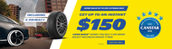 Michelin Cash Back Promotion, street image with passenger cars fitted with e-primacy tyres on the left hand side and Get up to $150 cash back when buying 4 or more selected Michelin products, Canstar blue award logo 2023