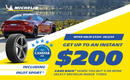 Red sporty car fitted with Michelin Pilot Sport 5 tyres and with Canstar logo on the left hand side , Offer from 01st January until end of February up to $200 cash back on 4 or more selected Michelin range tyres