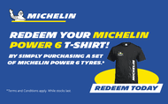 Michelin logo at top left , redeem your Michelin Power 6 T-shirt when purchasing a set of Michelin Power 6 , picture of the Michelin on the right