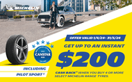 SUV parked in the city and fitted with MICHELIN Pilot Sport 5 tyres and Canstar logo on the left hand side , Pilot Sport 5 Tyre in the middle and Offer up to $200 cashback when you buy 4 or more select MICHELIN range tyres.