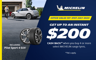 Car fitted with Michelin Pilot Sport tyres , with a man walking from his garage on the left hand side, Michelin cashback promotion up to $200 when you buy 4 or more select Michelin range tyres