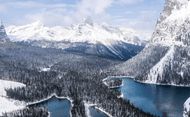 View of lakes and forests covered in snow in British Columbia.